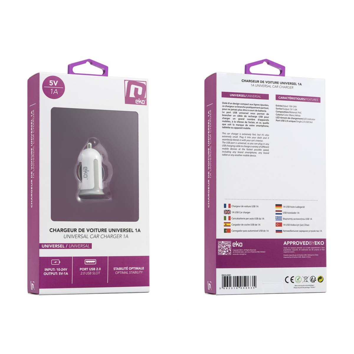 Confezione caricabatterie auto Eko. Caricatore bianco con porta USB. 5V, 1A. Dettagli prodotto multilingue.