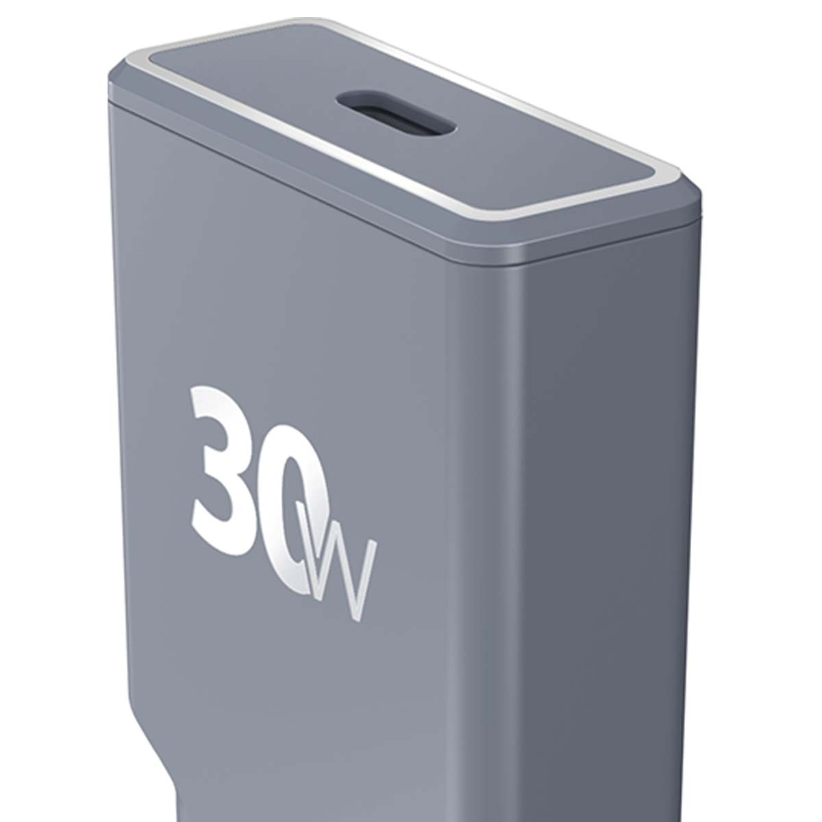 Grauer Ladeadapter mit weißer 30W-Markierung und schmalem Schlitz oben.