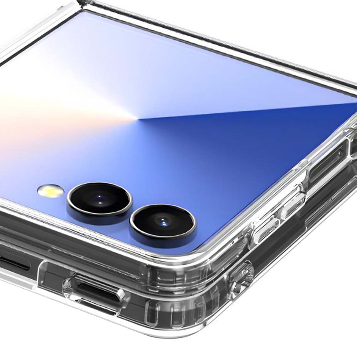 Custodia trasparente per telefono con due fotocamere e flash. Sfondo bianco.