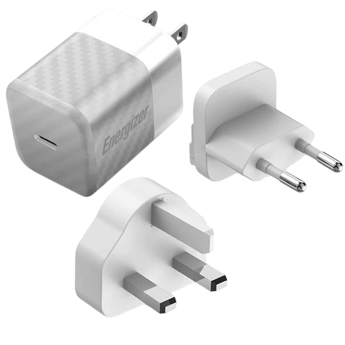 Energizer-Netzteil mit austauschbaren Adaptern für verschiedene Steckdosen.