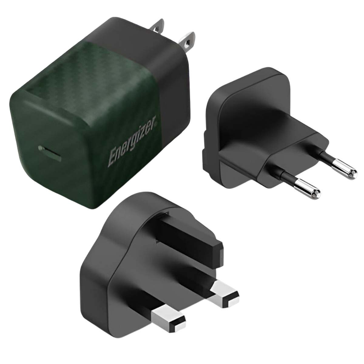 Un alimentatore Energizer con tre spine intercambiabili: USA, UE e Regno Unito.