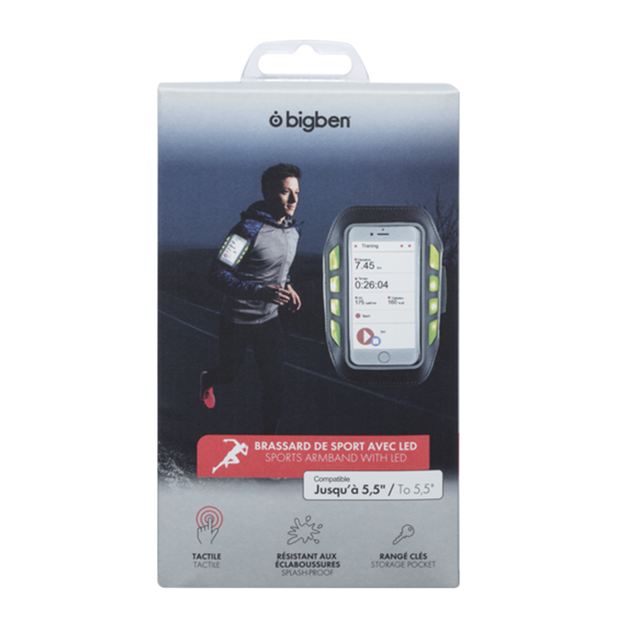 Verpackung mit Sportler, Handy-Armband mit LED und Text.