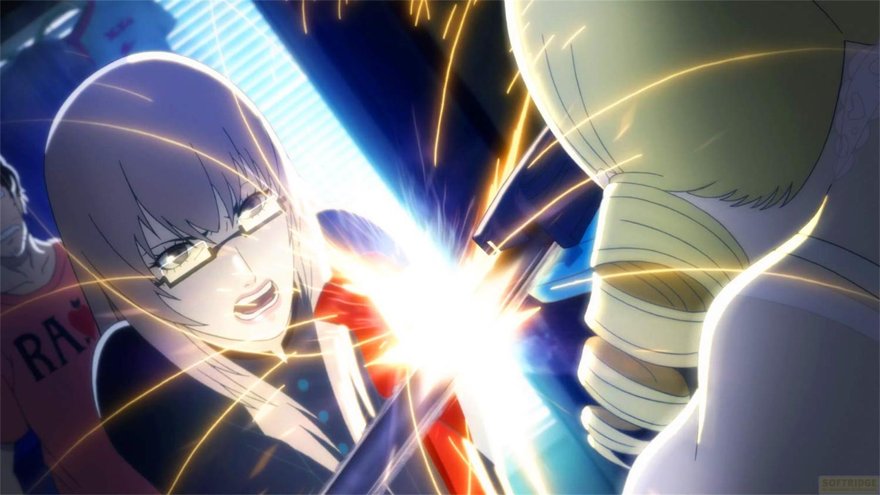 Deux personnages d'anime en action, un éclat de lumière vive au milieu.