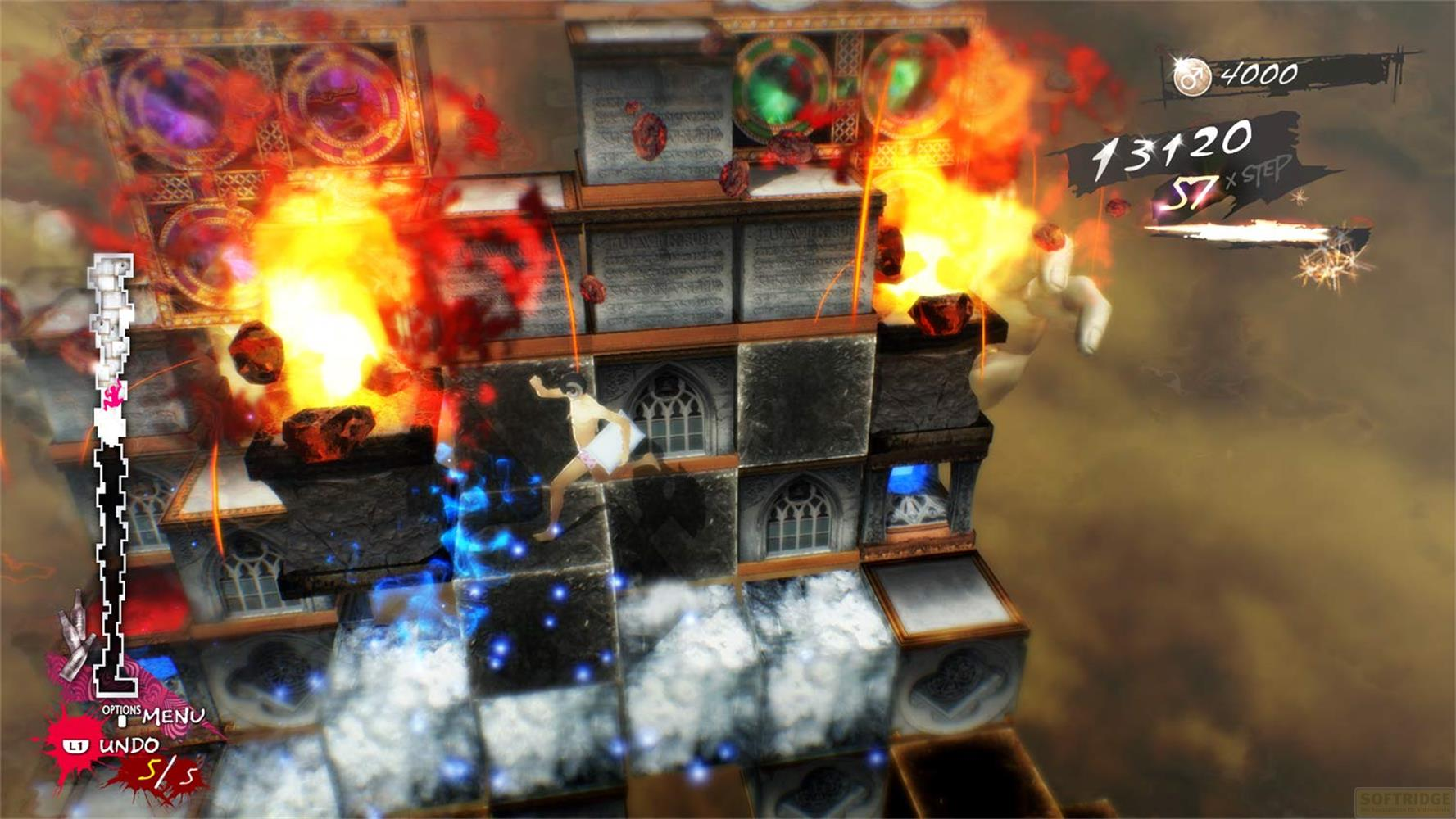 Un homme en blanc saute sur une structure en ruine avec des explosions et des particules bleues.