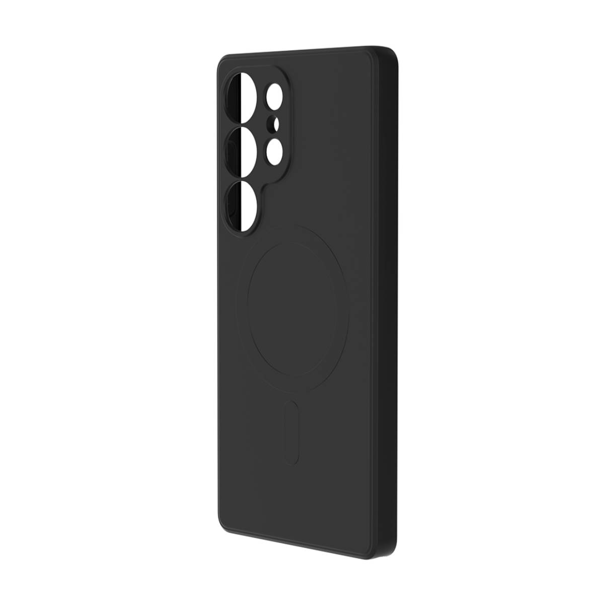 Custodia nera per telefono con ritagli per fotocamera e porta di ricarica.