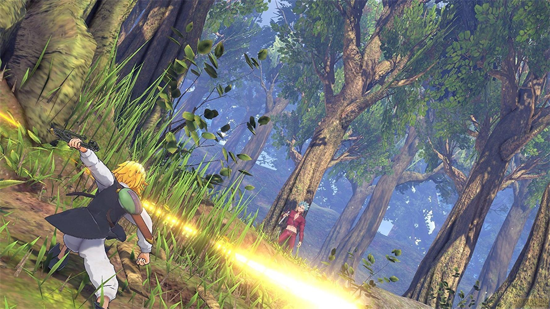 Deux personnages d'anime se battent dans une forêt. Un personnage tire un rayon d'énergie jaune.