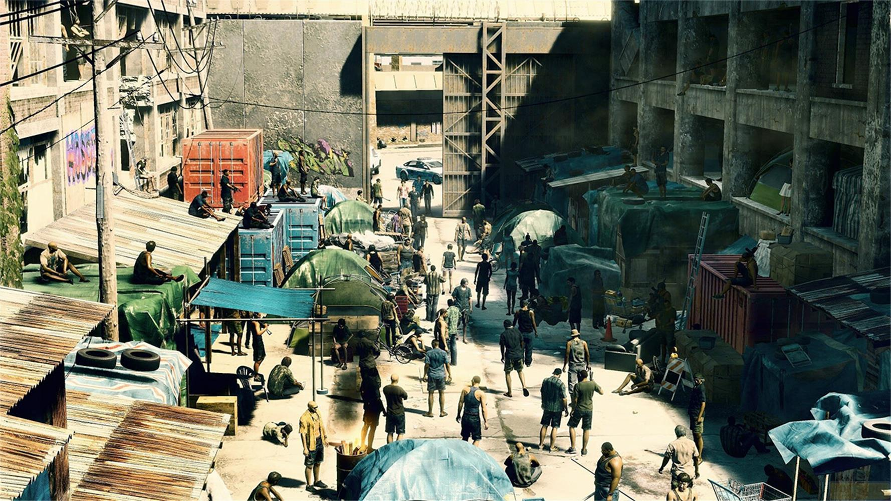 Un campement improvisé et animé avec de nombreuses tentes, conteneurs et personnes dans une zone urbaine délabrée.