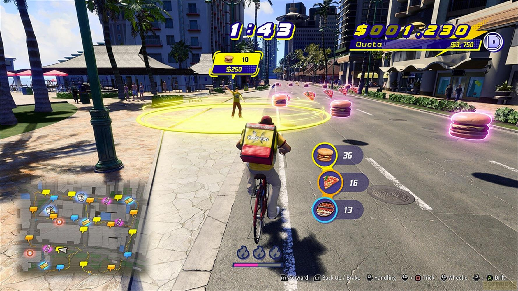 Joueur livre des hamburgers à vélo en ville. Des hamburgers flottent dans la rue.