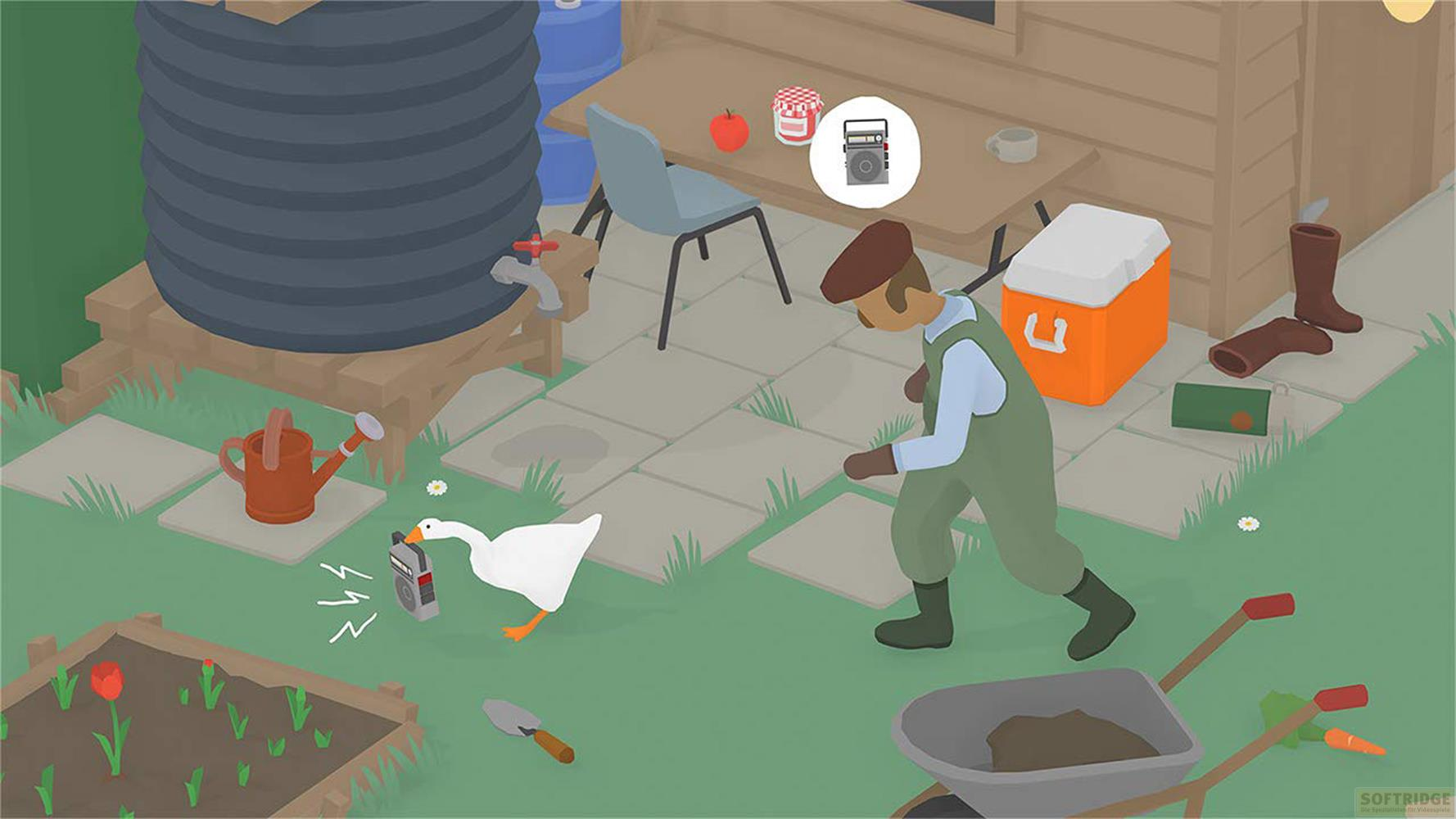 Untitled Goose Game : Un homme en salopette et une oie interagissent avec une radio.