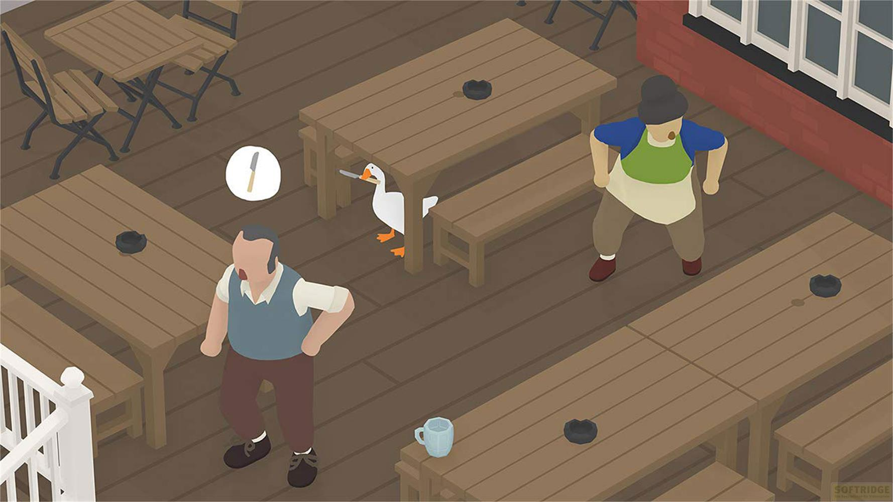 Un oie tenant un couteau se tient sous une table. Deux hommes et une femme se tiennent à proximité.