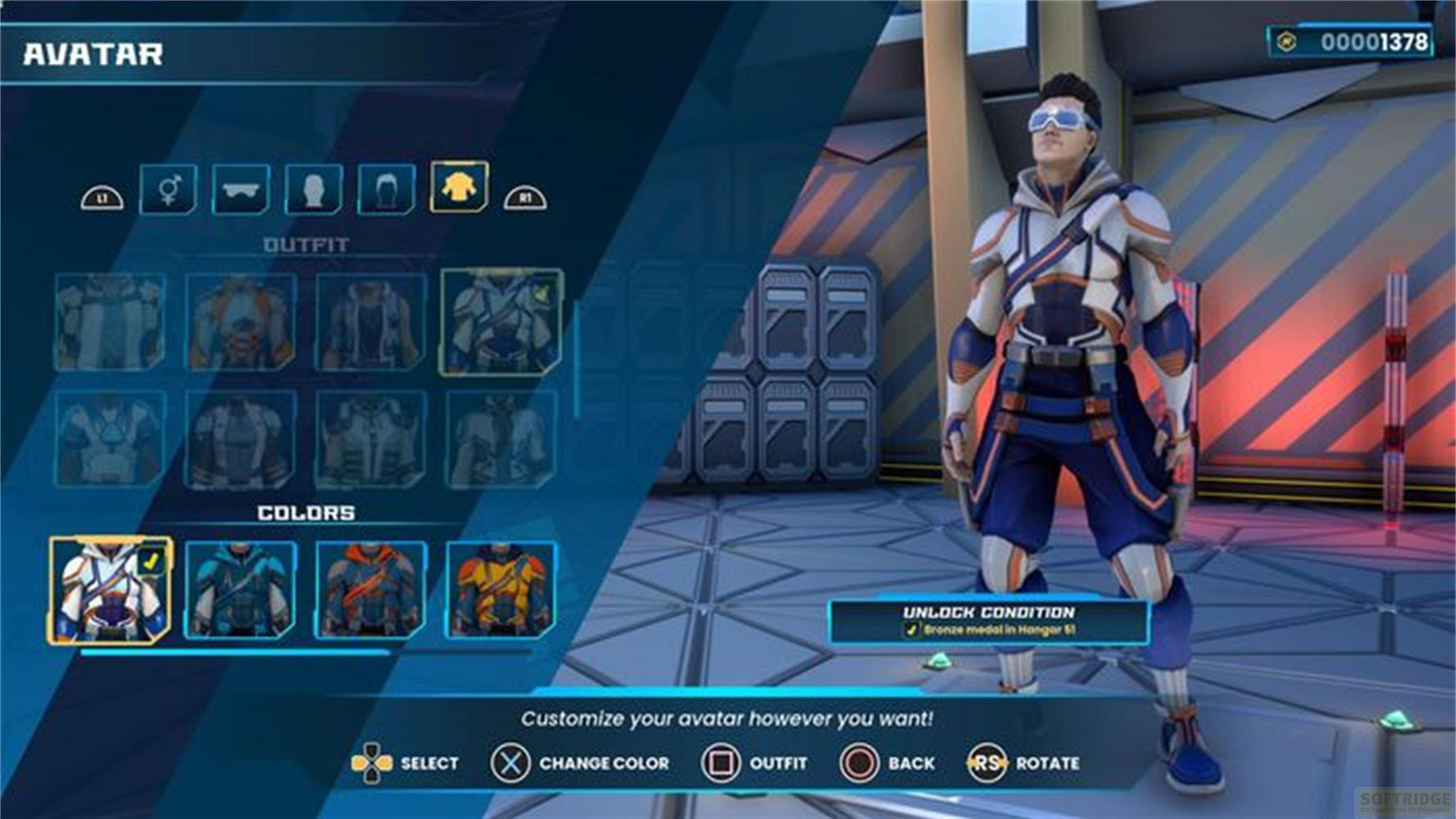 Avatar-Anpassungsbildschirm mit Outfits und Farben.