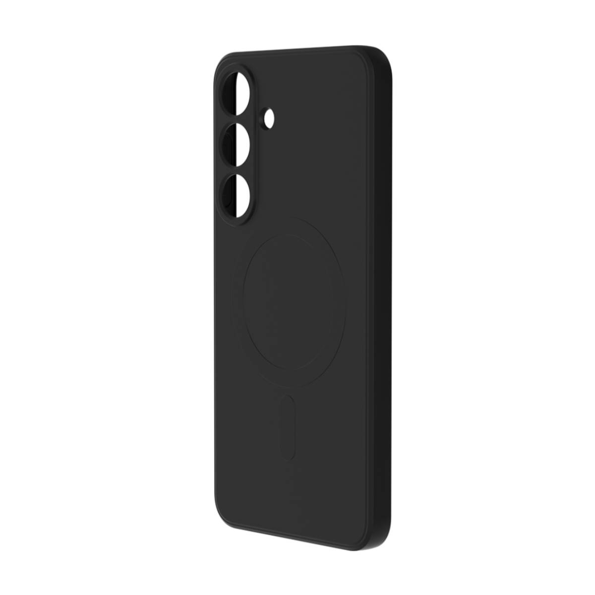 Custodia nera per telefono con ritaglio circolare e tre fori per fotocamera.