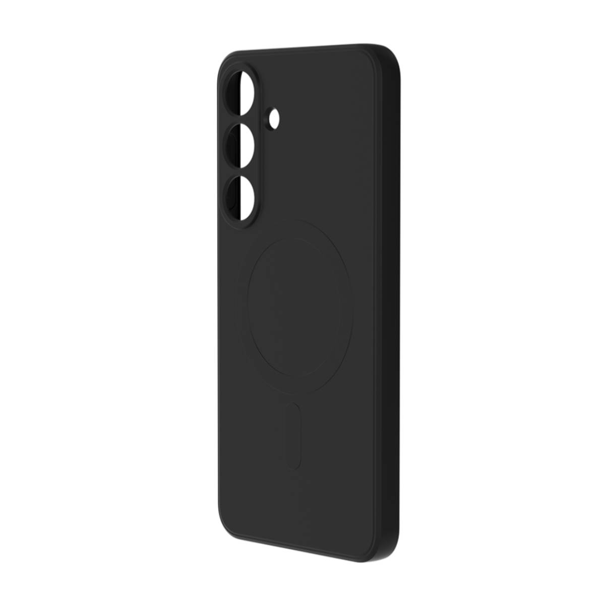 Custodia nera per telefono con tre ritagli per fotocamera e anello magnetico.