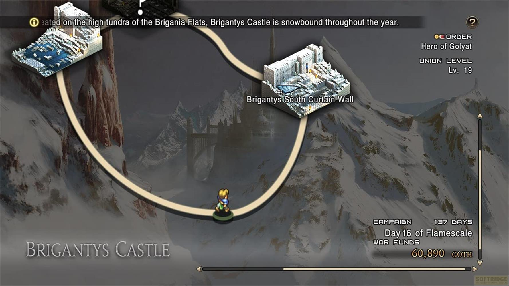 Karte von Brigantys Castle: Eine Figur steht auf einer verschneiten Bergroute vor einer Burg.