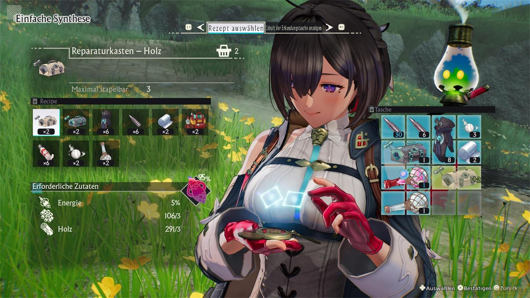 Anime-Charakter mit Inventarmenü, das Gegenstände und Rezepte anzeigt.