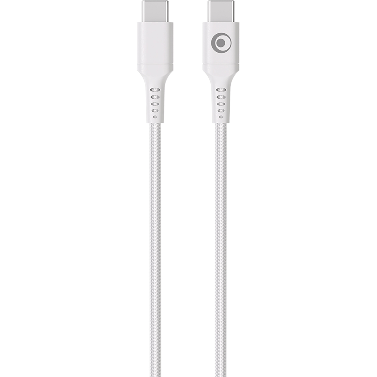Due cavi USB-C bianchi con treccia in tessuto e connettori argentati.