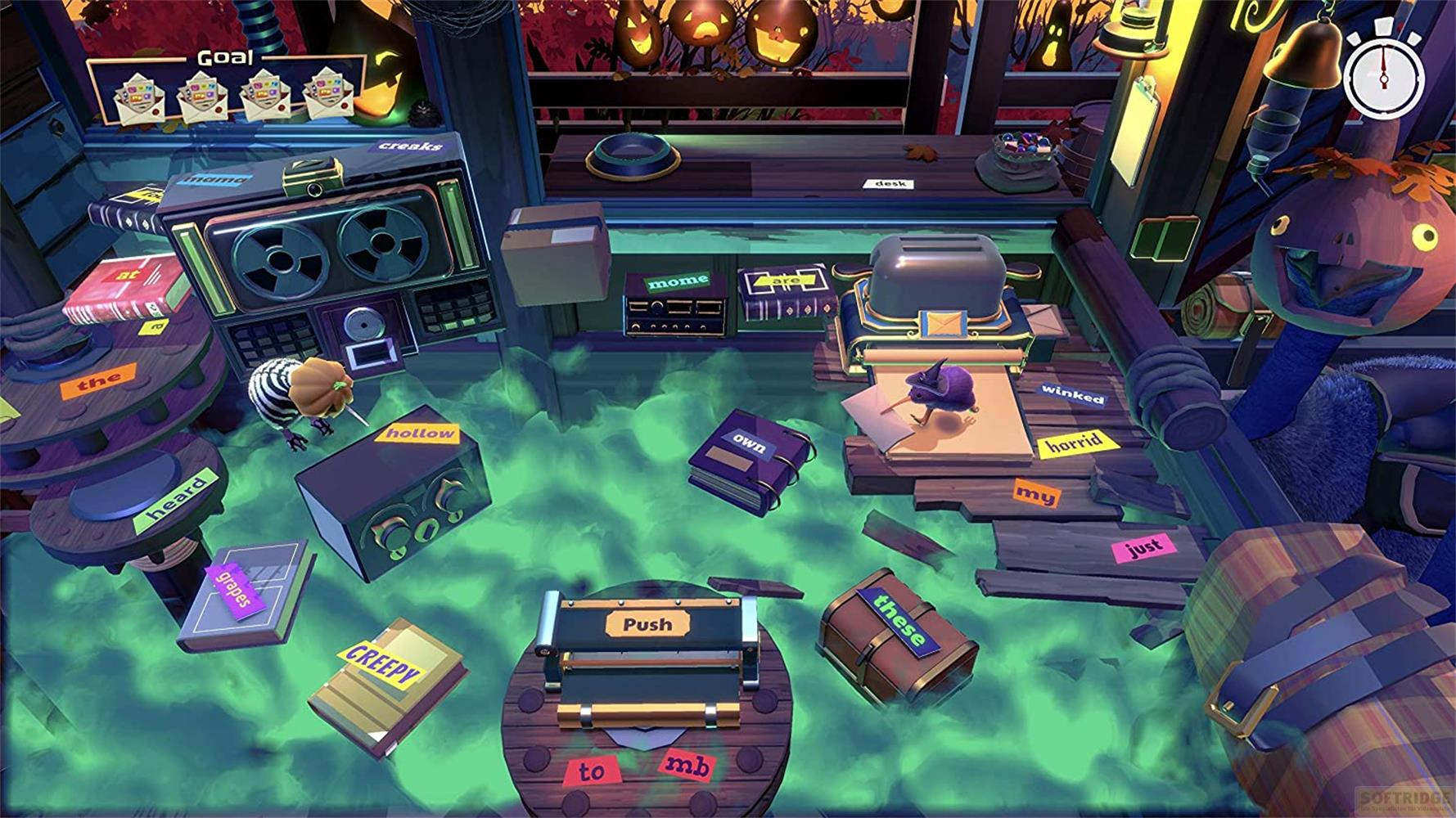 Ein gruseliges Spielzimmer mit Büchern, die Wörter wie 'creepy' und 'hollow' tragen.
