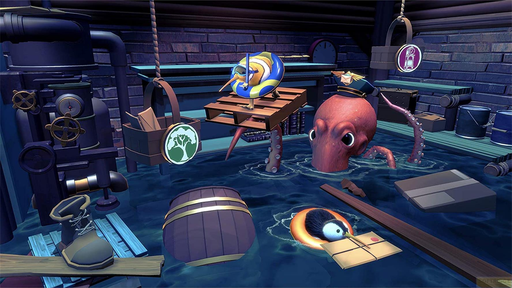 Ein Oktopus mit Hut, ein Vogel-Spielzeug und ein Fass im Wasser.