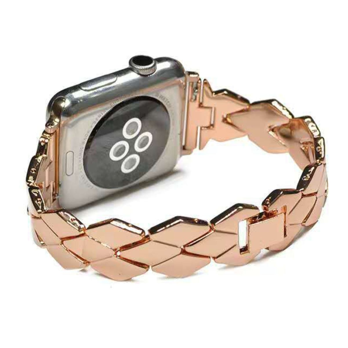 Un Apple Watch argentato con cinturino a maglie color oro rosa. Visto da dietro.