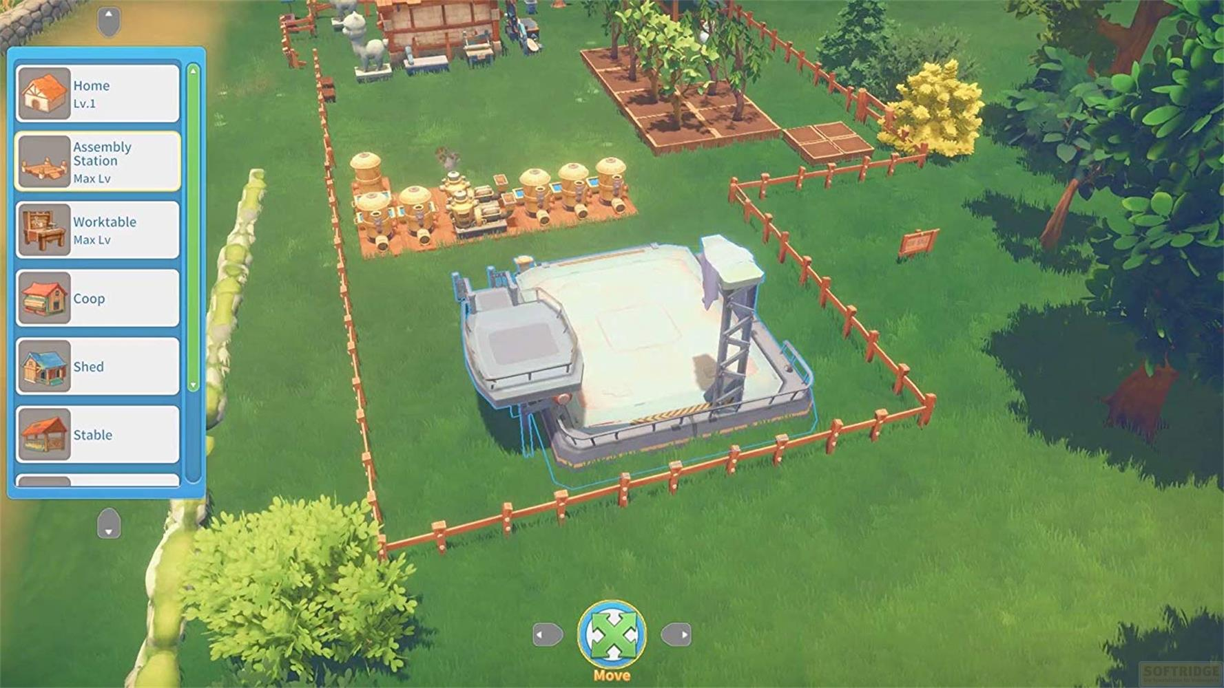 Vue de jeu d'une ferme avec des bâtiments, des champs et un menu à gauche.