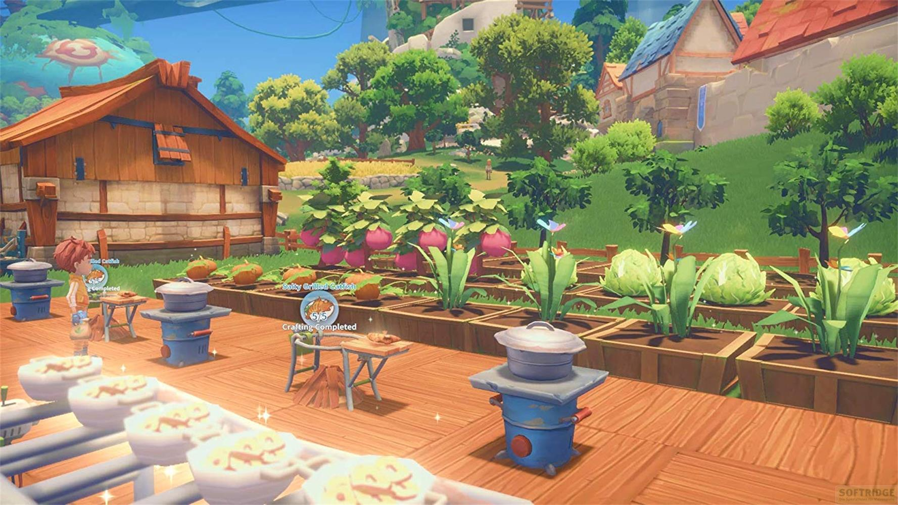 Une scène de ferme vibrante avec des cultures, des maisons et un personnage.