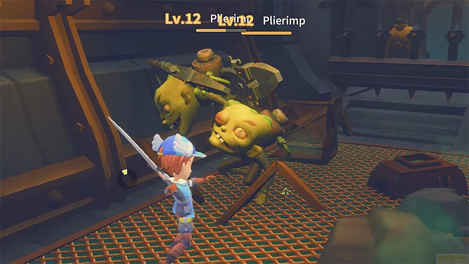 Un garçon avec une épée combat des monstres verts dans un atelier.