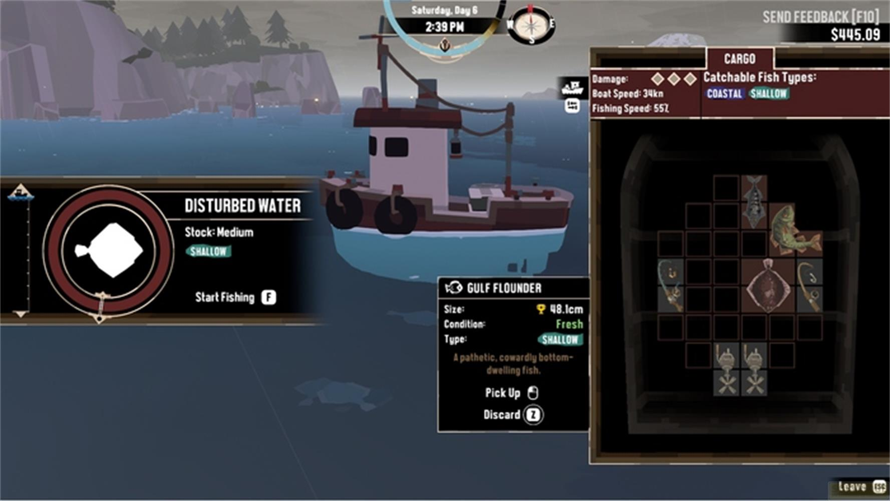 Ein Fischerboot im Wasser mit Spielmenüs, die Fischdaten und Fracht anzeigen.