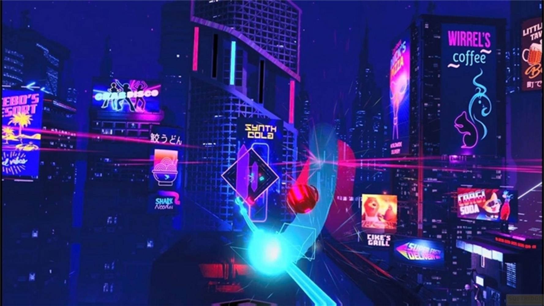 Eine neonbeleuchtete Cyberpunk-Stadt bei Nacht mit vielen leuchtenden Schildern.