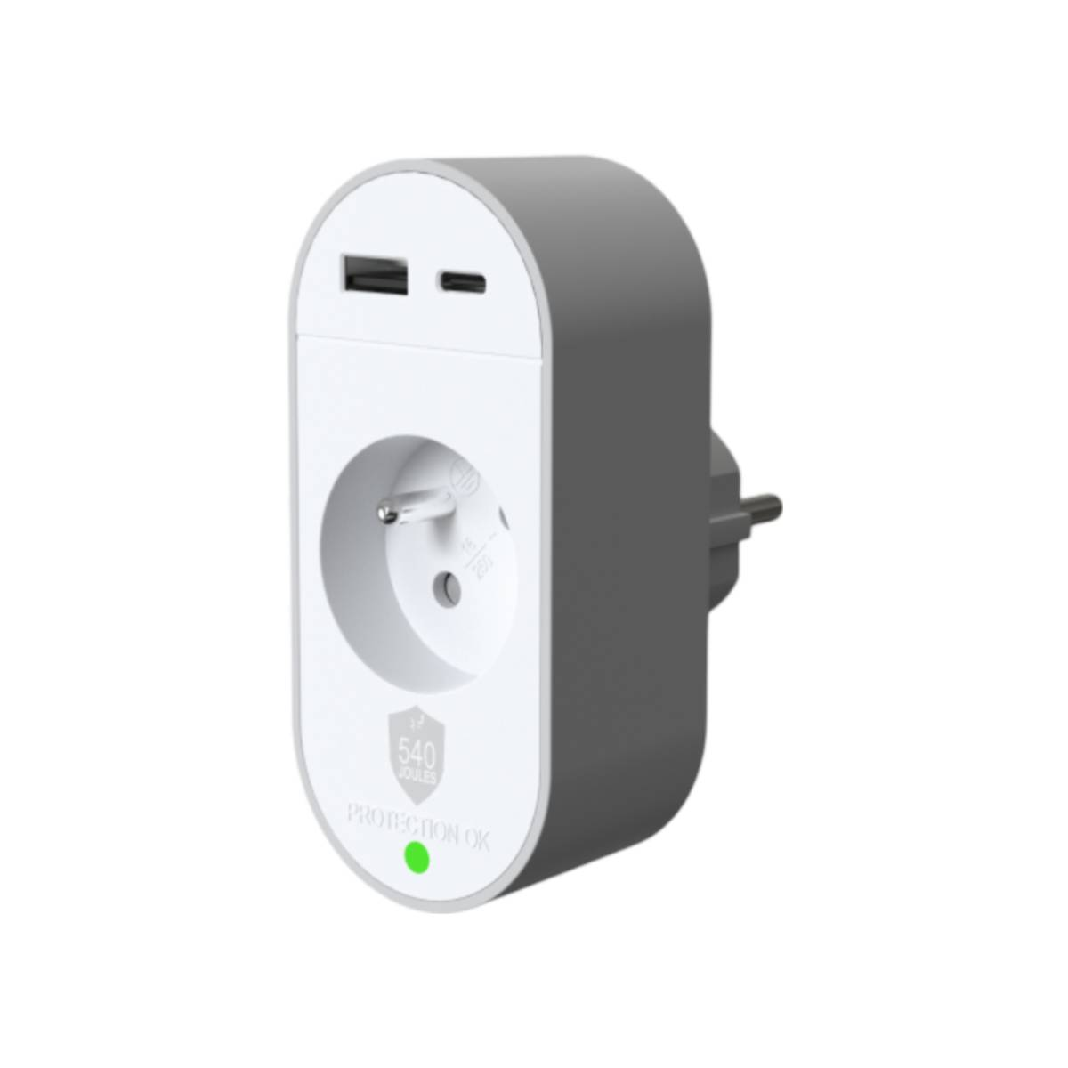Ein weißer Steckeradapter mit USB-Anschlüssen und einer Steckdose.