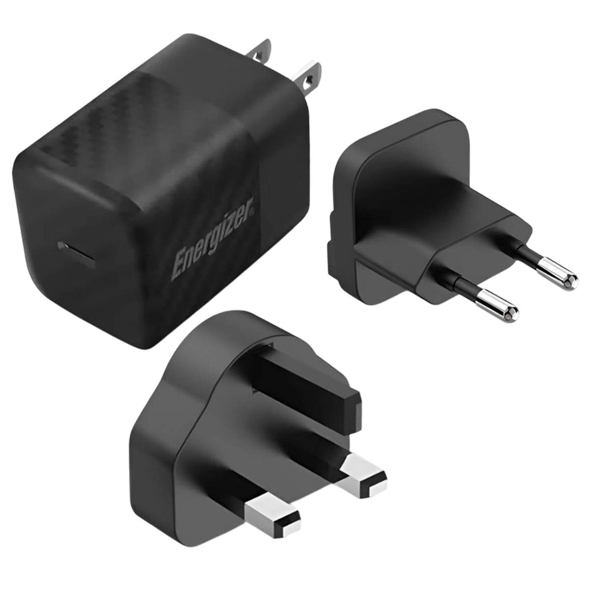 Adattatore nero Energizer con tre spine intercambiabili: USA, UE e UK.