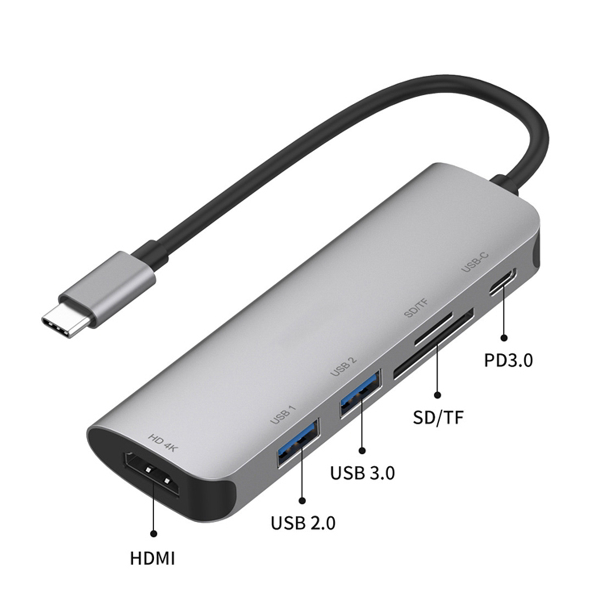 Ein silberner USB-C-Hub mit HDMI, USB-A, SD/TF-Kartensteckplätzen und PD 3.0.