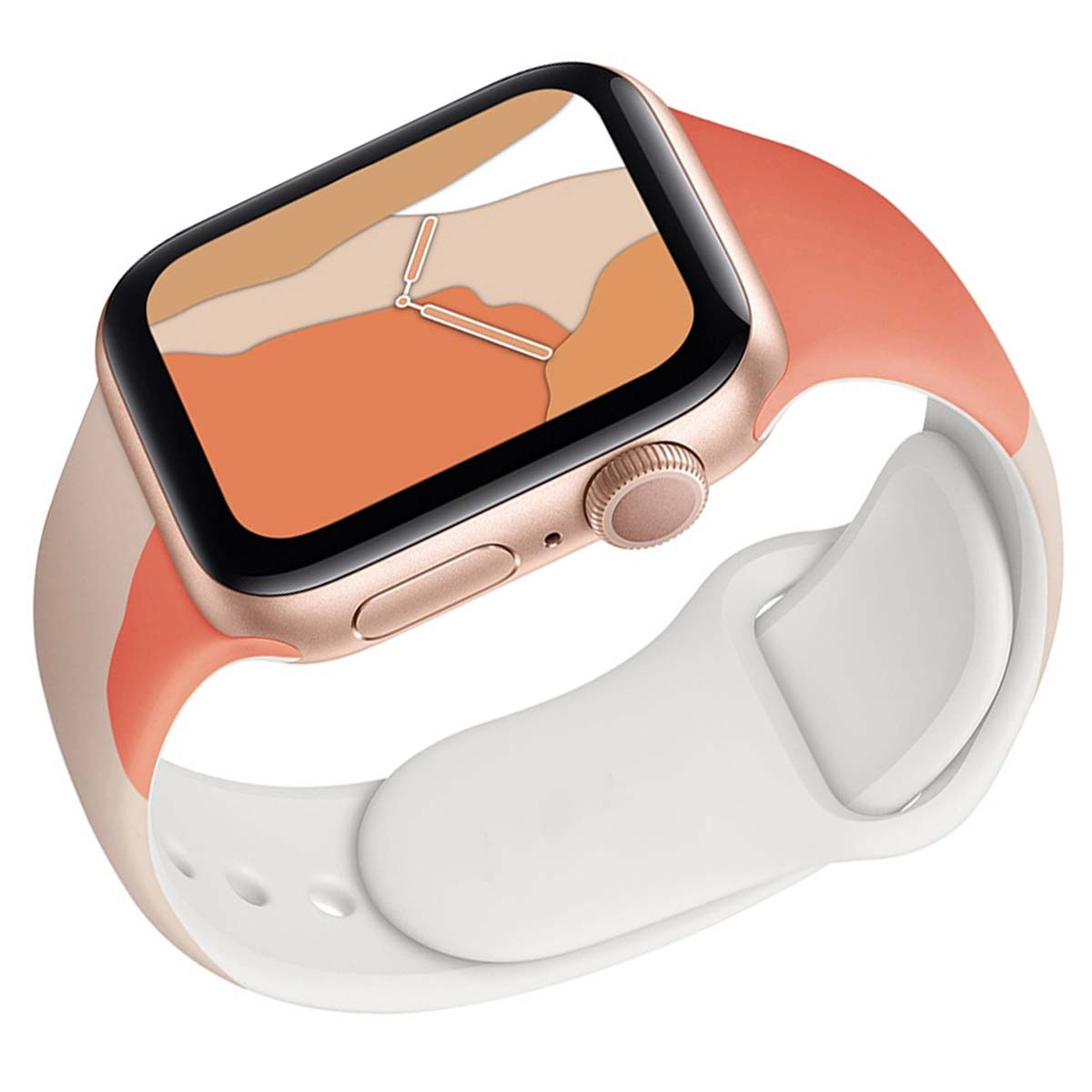 Uno smartwatch dorato con cinturino bianco e corallo. Il quadrante mostra arte astratta.
