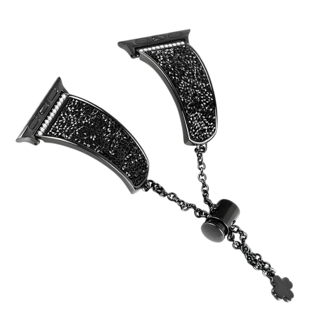 Cinturino nero per orologio con strass e maglie di catena.