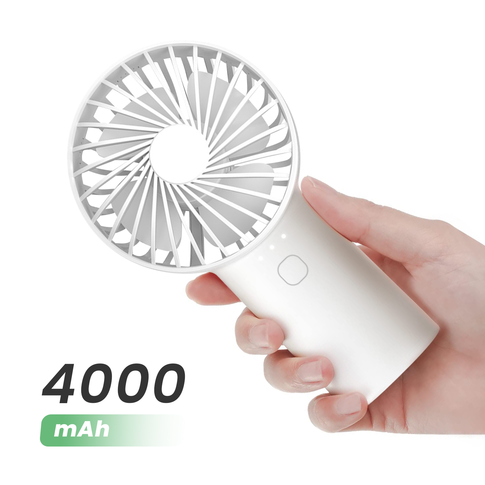 Eine Hand hält einen weißen Handventilator mit 4000 mAh.