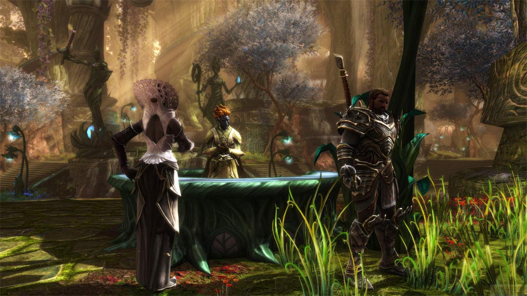 Drei Fantasy-Krieger in einer üppigen, beleuchteten Waldumgebung.