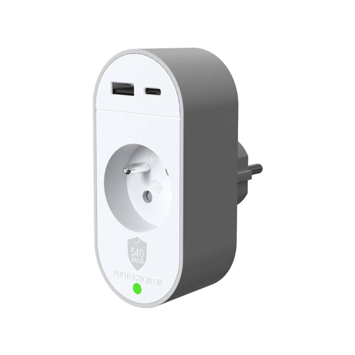 Grauer Steckeradapter mit zwei USB-Anschlüssen und einer Steckdose.