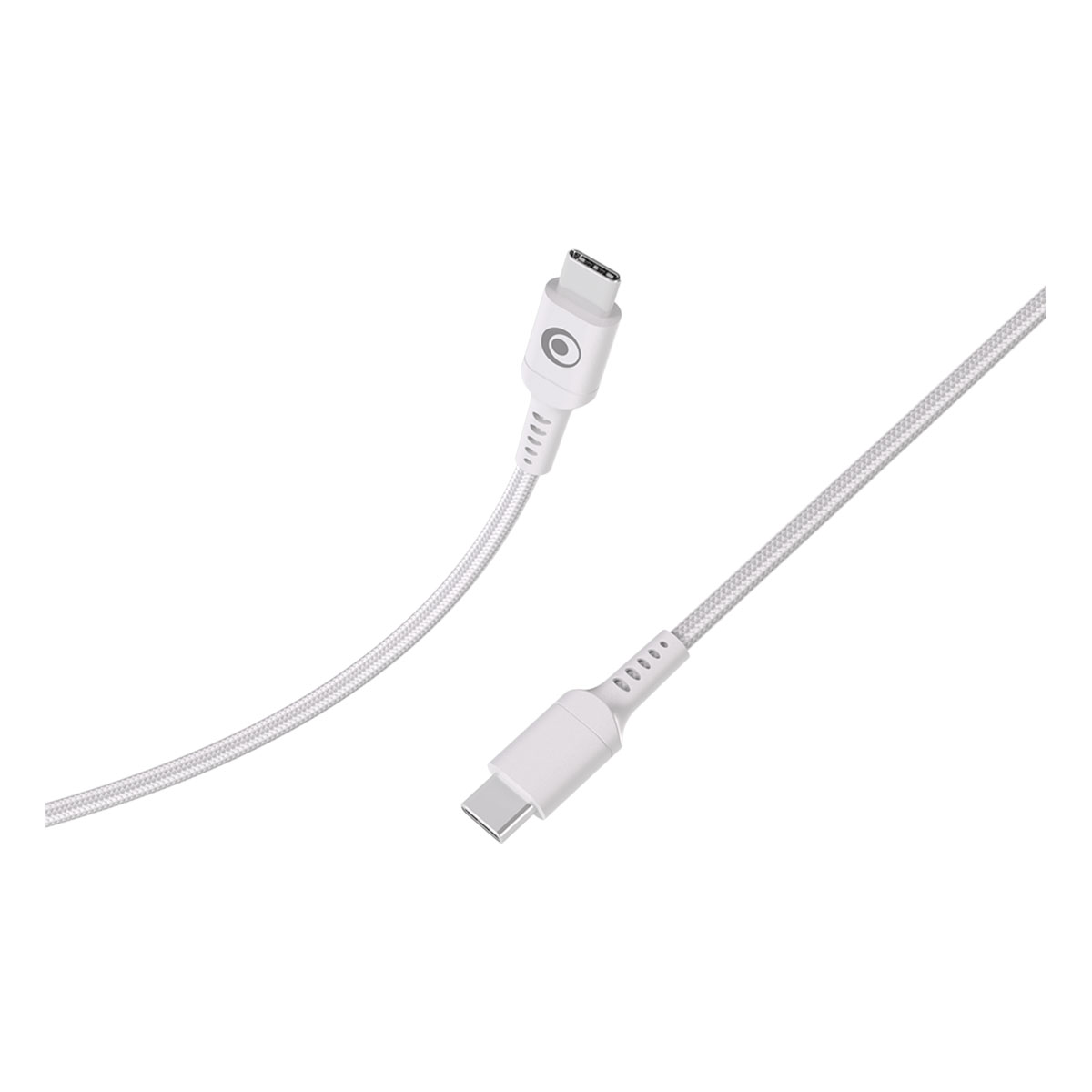 Un cavo USB-C bianco con due connettori e un logo circolare.