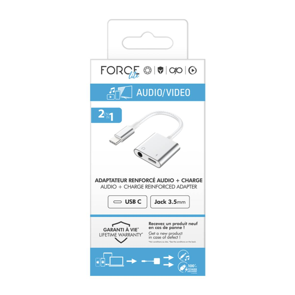 Adattatore audio USB-C a 3,5 mm argento con ricarica. 2 in 1.