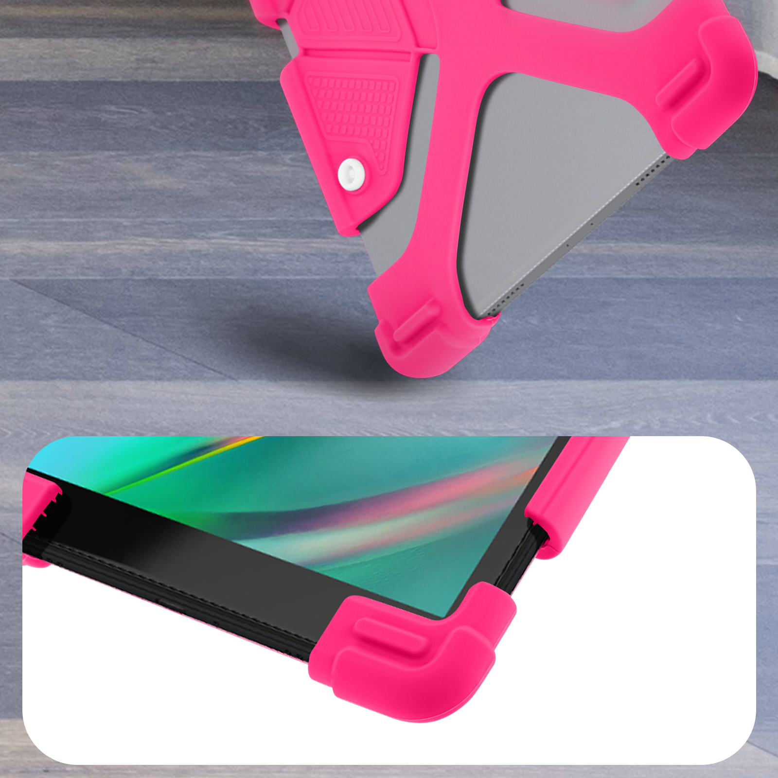 Una custodia rosa per tablet circonda un tablet grigio su pavimento in legno.