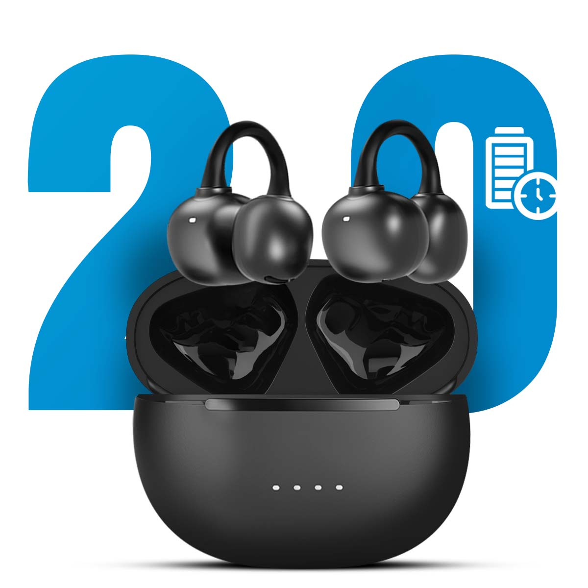 Auricolari wireless neri in una custodia di ricarica con 20 blu e icona della batteria.