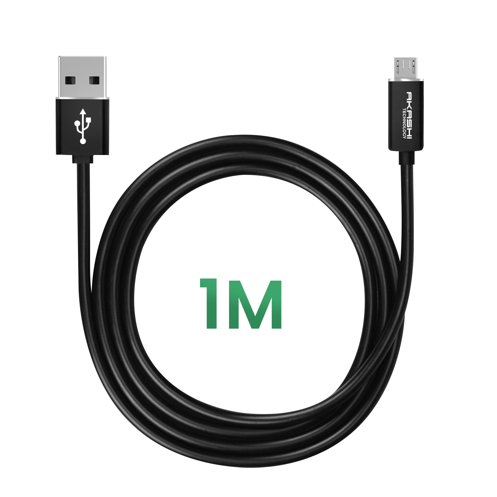 Cavo USB a Micro USB nero, lunghezza 1 metro, su sfondo bianco.