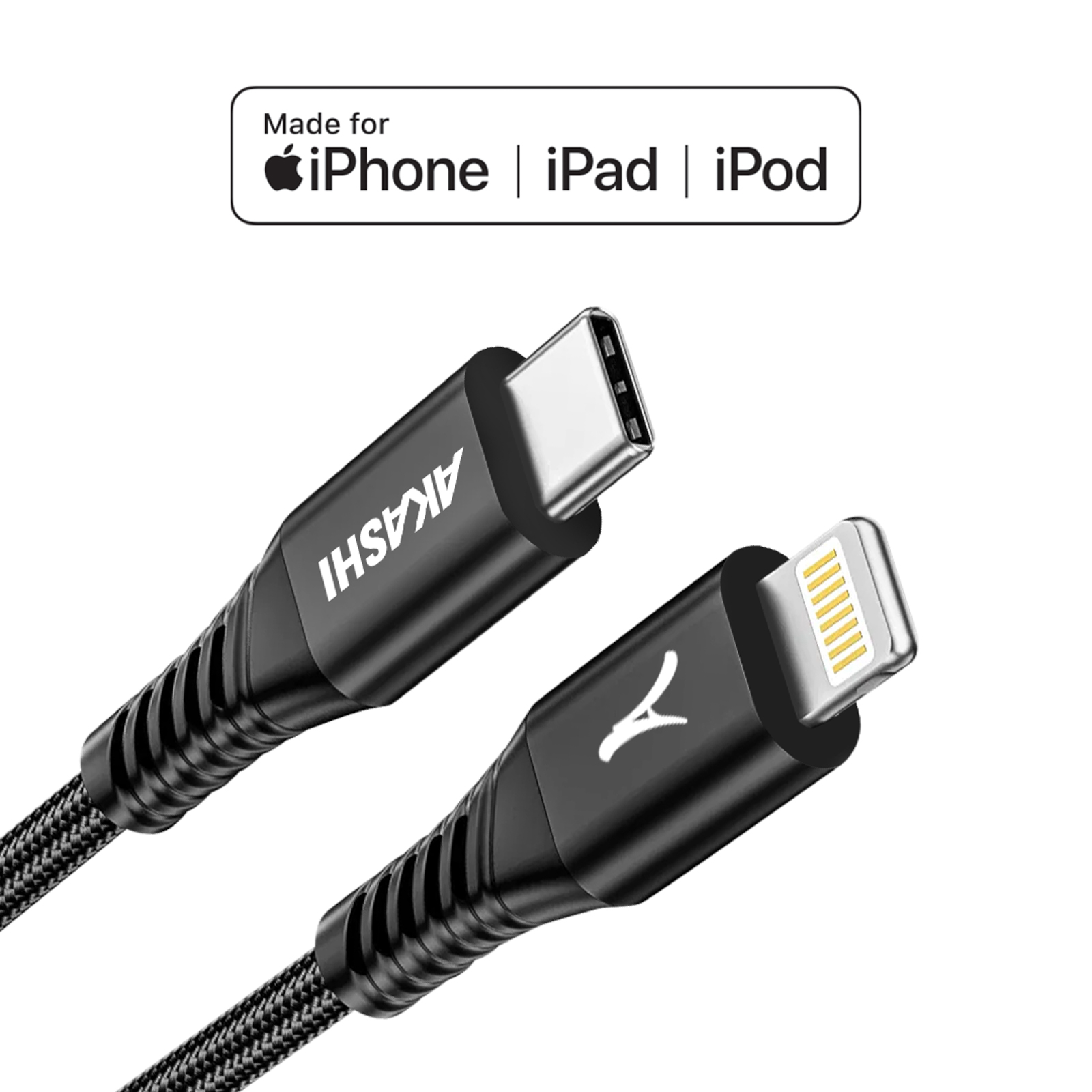 Schwarzes Ladekabel mit USB-C und Lightning-Stecker, beschriftet mit AKASHI.