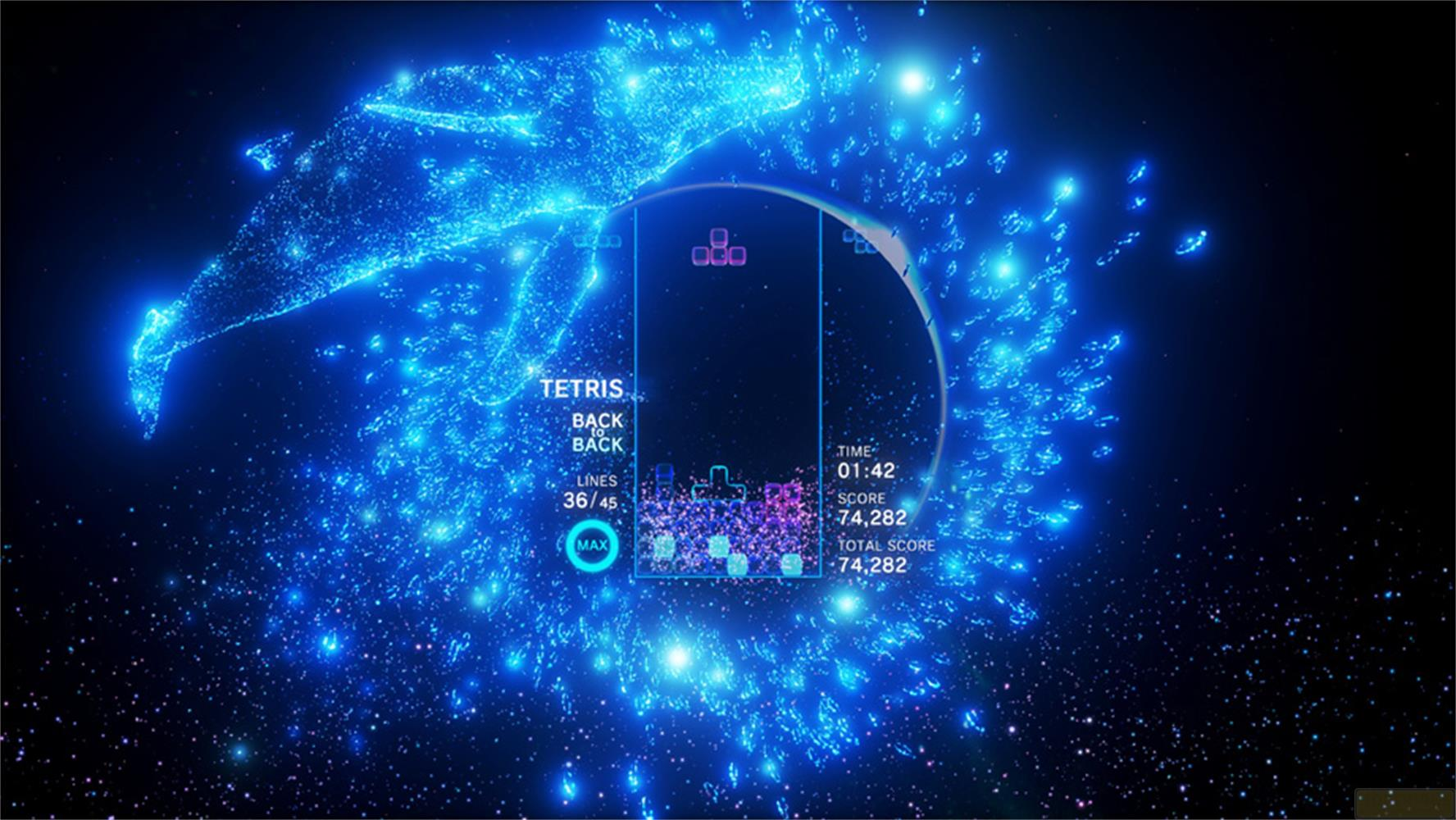Das Tetris-Spiel mit blauen Partikeln im Weltraum. Zeigt Zeit, Linien und Punktestand an.