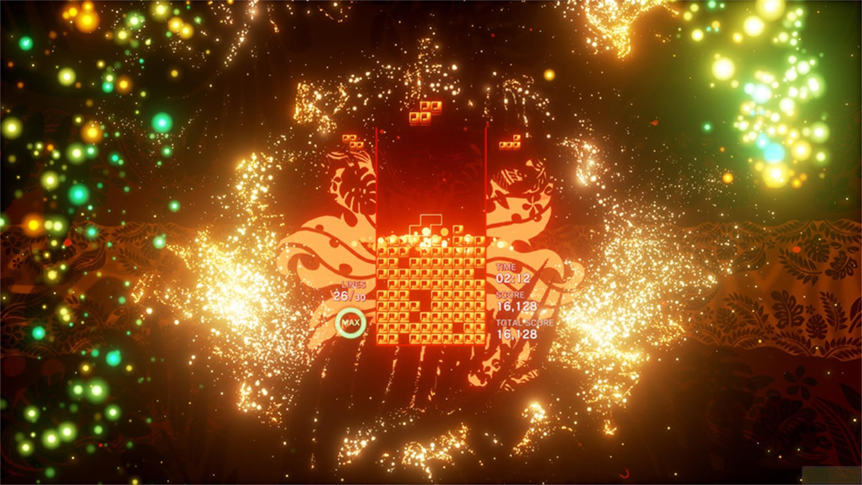 Ein Tetris-Spiel mit leuchtenden Blöcken und Feuerwerk-Effekten.