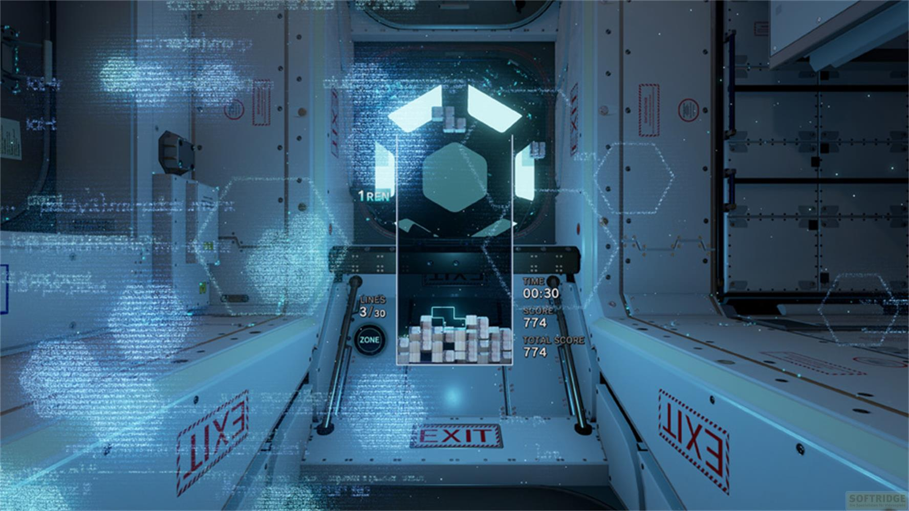 Raumschiff-Innenraum mit virtueller Anzeige, die ein Spiel simuliert.