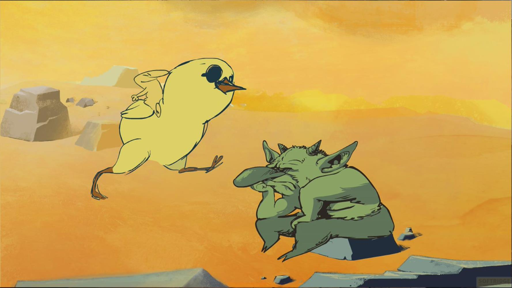 Ein gelbes Küken rennt auf einen grünen Goblin zu, der auf einem Stein sitzt.