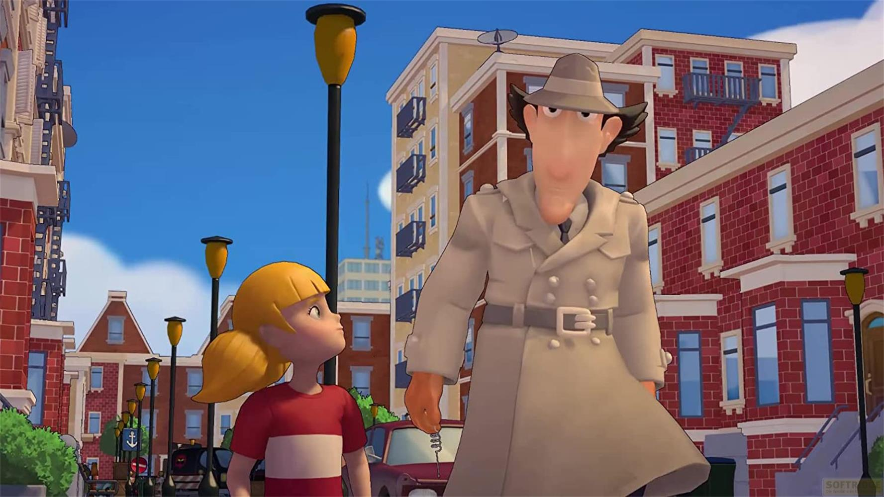 Inspector Gadget und Penny gehen auf einer Straße mit Gebäuden und Laternen.