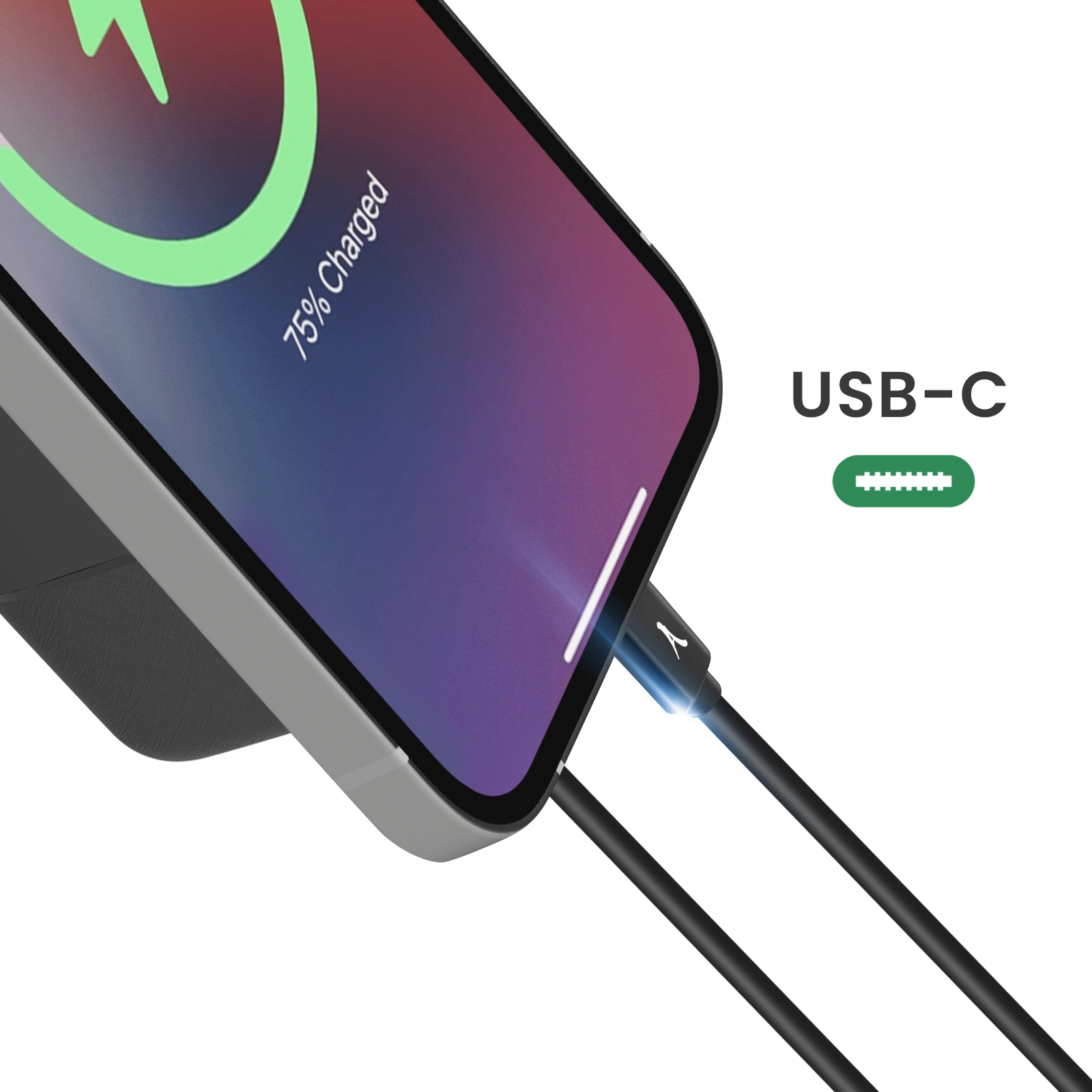Uno smartphone si carica tramite cavo USB-C, 75% carico.