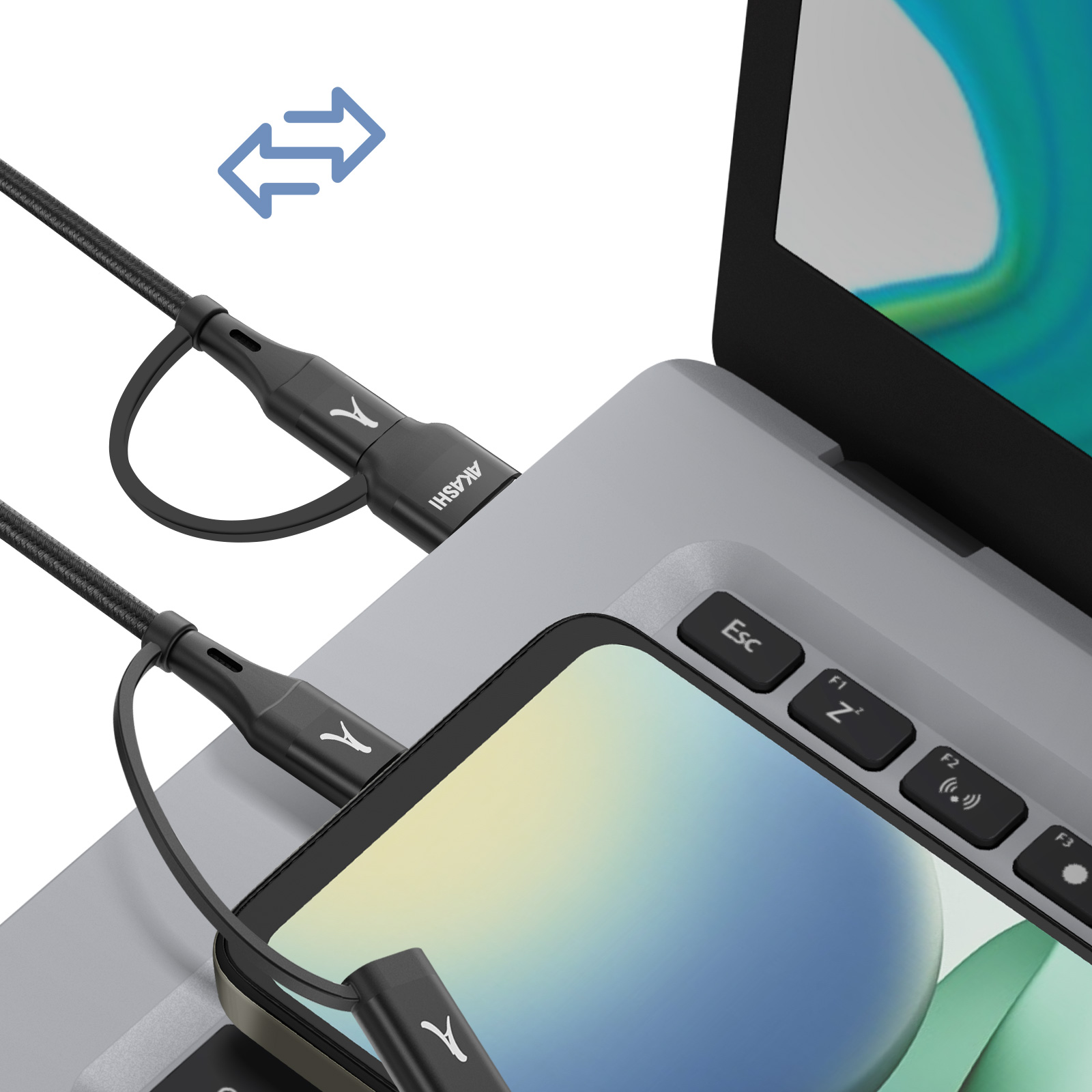 Un câble de chargement connecte un smartphone à un ordinateur portable. Des flèches bleues symbolisent le transfert de données.