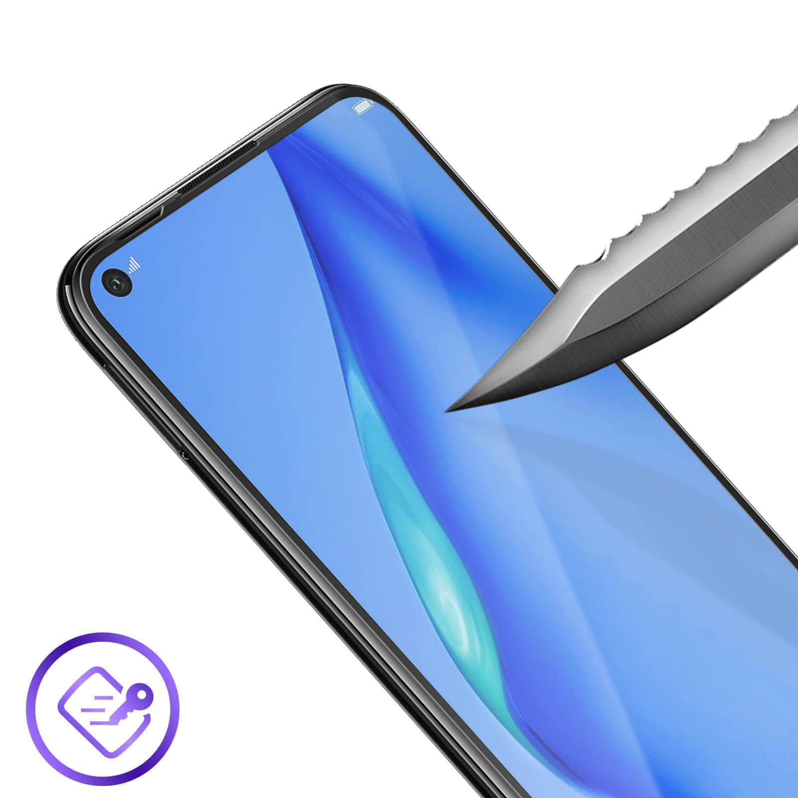 Un coltello graffia lo schermo di uno smartphone. Un'icona di sicurezza è a sinistra.